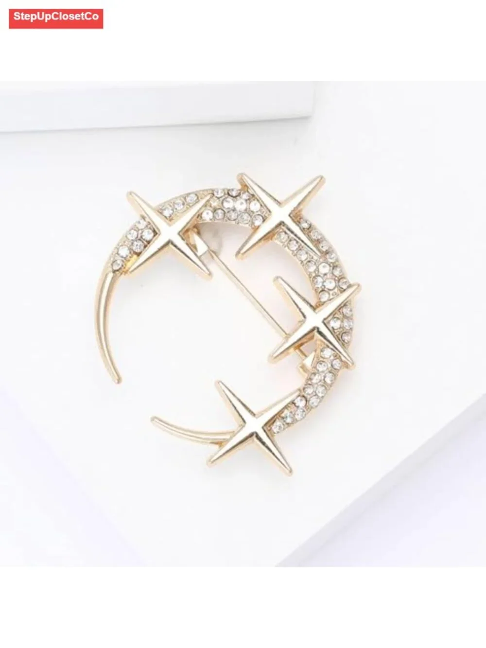 Dainty Crystal Moon Star Brooches Pins, Cubic Zirconia Sparkling Lapel Pin for